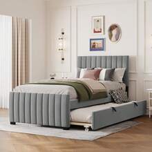 Upholstered Bed With Pull-Out Bed, Velvet Fabric Children's Bed, Youth Bed, Guest Bed, Flat Single Bed For Bedroom And Guest Room Without Mattress - 灰色 - 查看 1