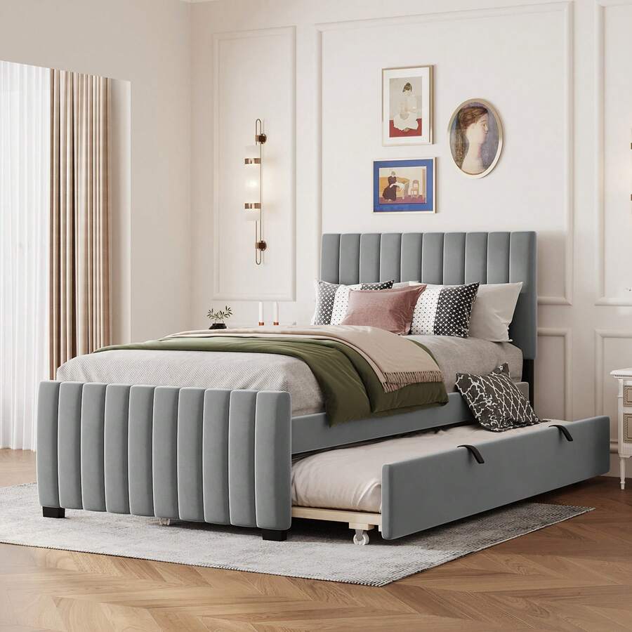 Upholstered Bed With Pull-Out Bed, Velvet Fabric Children's Bed, Youth Bed, Guest Bed, Flat Single Bed For Bedroom And Guest Room Without Mattress - 灰色 - 查看 1