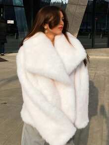 Faux Fur Fluffy Warm Long Sleeve Autumn/Winter Jacket - White - View 7