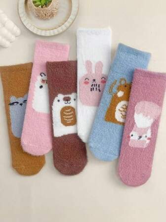 1/6 Pairs Cute Cartoon Pattern Infant/Toddler Thickened Thermal Lined Warm Knee High Socks, Autumn/Winter