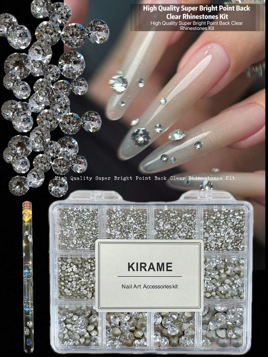 KIRAME 2400顆白色尖底圓形水鑽，高品質超亮美甲寶石套組，含1件點花工具，1.2-6mm閃亮美甲水晶，適用DIY居家美甲、美甲沙龍、居家使用、美甲用品、萬聖節美甲、節日禮物