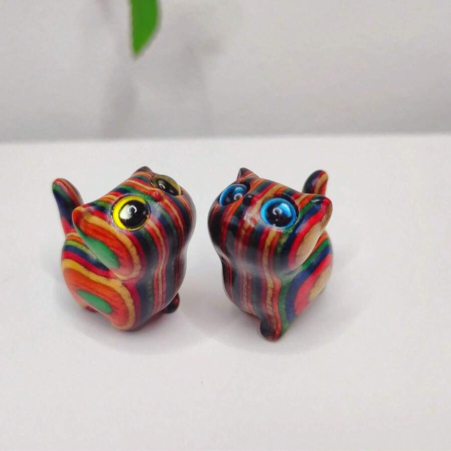 قطعة واحدة من تمثال القطة الخشبي اليدوي الجميل - نسيج خشبي طبيعي فريد، هدية مثالية للأصدقاء، لا يتطلب كهرباء (لون حبيبات الخشب عشوائي)