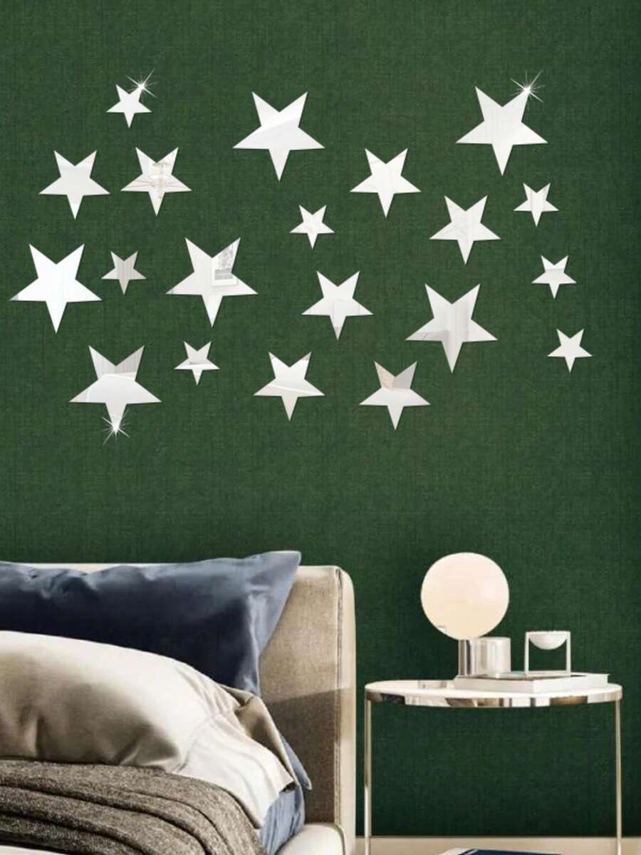 20 Acrylic Mirror Wall Stickers, Star-Shaped Wall Stickers, Adhesive-Backed Art Stickers, Suitable For Nurseries, Children's Rooms, Bedrooms, And DIY Home Decoration Wall Art Decorations. - Silver - View 1