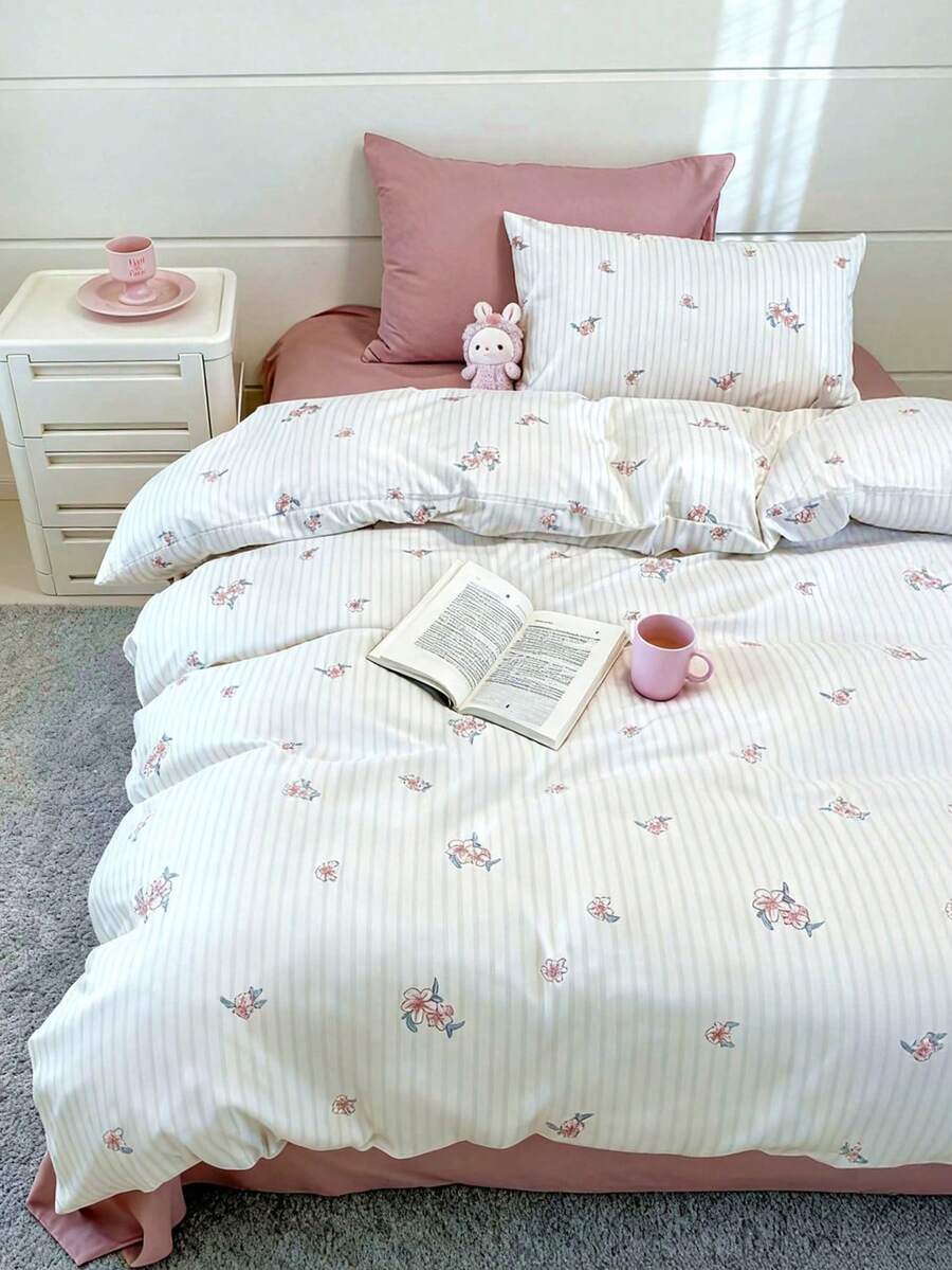 Bộ 3 món/bộ, Bộ chăn ga gối họa tiết hoa cổ điển Ditsy Ditsy (1 chăn ga gối + 2 vỏ gối), Phong cách công chúa lãng mạn, giặt không kèm ruột chăn/gối