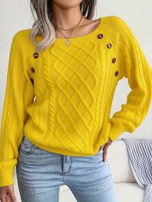 Women's Lightweight Cable Knit Sweater - Spring Casual Button Front Long Sleeve Top For Layering,Spring Women's Cable Knit Sweater - Lightweight Button Detail Casual Pullover For Everyday Outfits,Solid Color Lightweight Cable Knit Sweater - Women's Spring Casual Button Front Long Sleeve Pullover - 黃色 - 查看 3