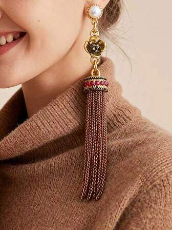 1对复古金属链条流苏吊坠耳环，女士日常及派对佩戴饰品，休闲装扮的理想搭配