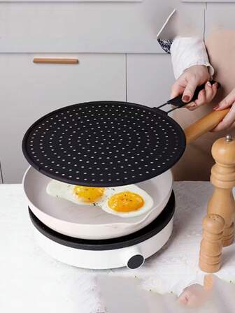 1pc Silicone Frying Pan Splatter Guard With Handle - Heat-Resistant, Non-Slip Kitchen Lid For Oil & Food Splashes - Easy Clean Cooking Accessory