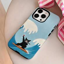 Funda de película dos en uno  Surf the Waves Black Cat Wine Fun, resistente, de doble capa para protección superior, duradera, a prueba de caídas, para iPhone 17 16e 16 15 14 13 12 11 8 7 X XS XR Plus Pro Max Mini SE2 SE3, regalos de cumpleaños y Navidad para amigos, familia y amor - Blanco - Ver 7