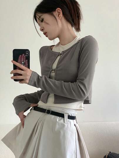 2件套 女士纯色休闲摄影街头风长袖T恤和吊带背心，春秋季