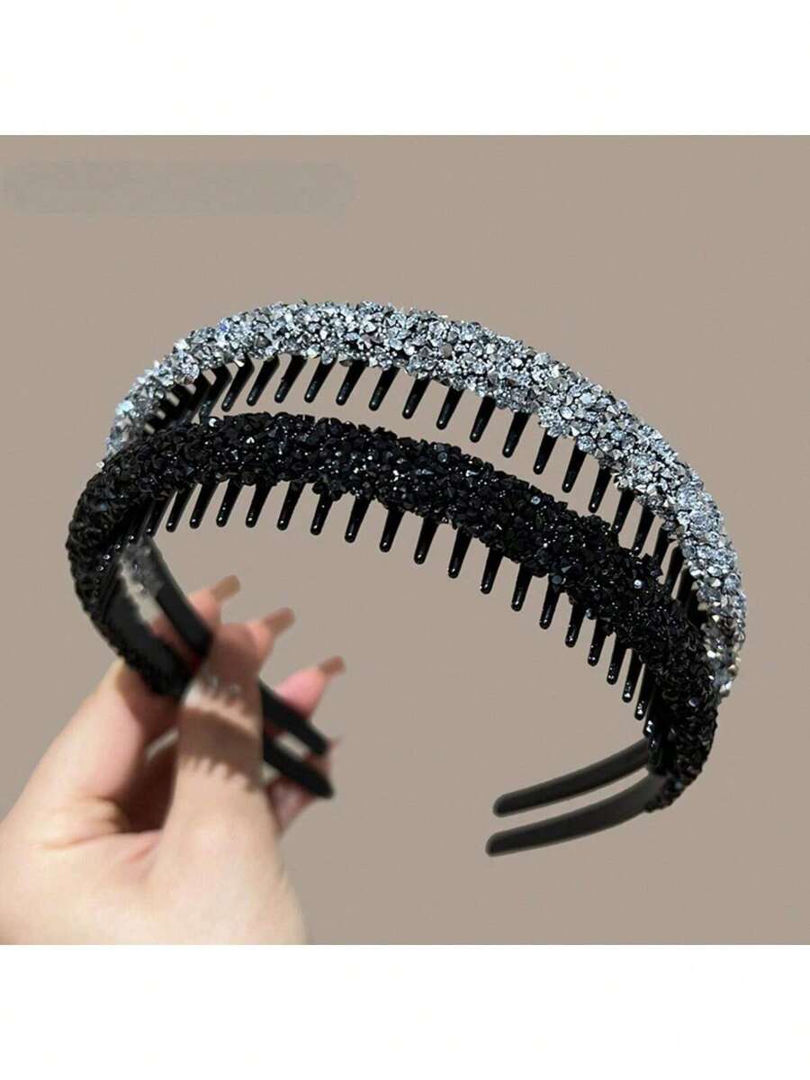 2pcs Colorful Rhinestone Headbands, Versatile For Daily Wear ,Hair Band ,Hair Hoop Hairband - Black and White - View 1