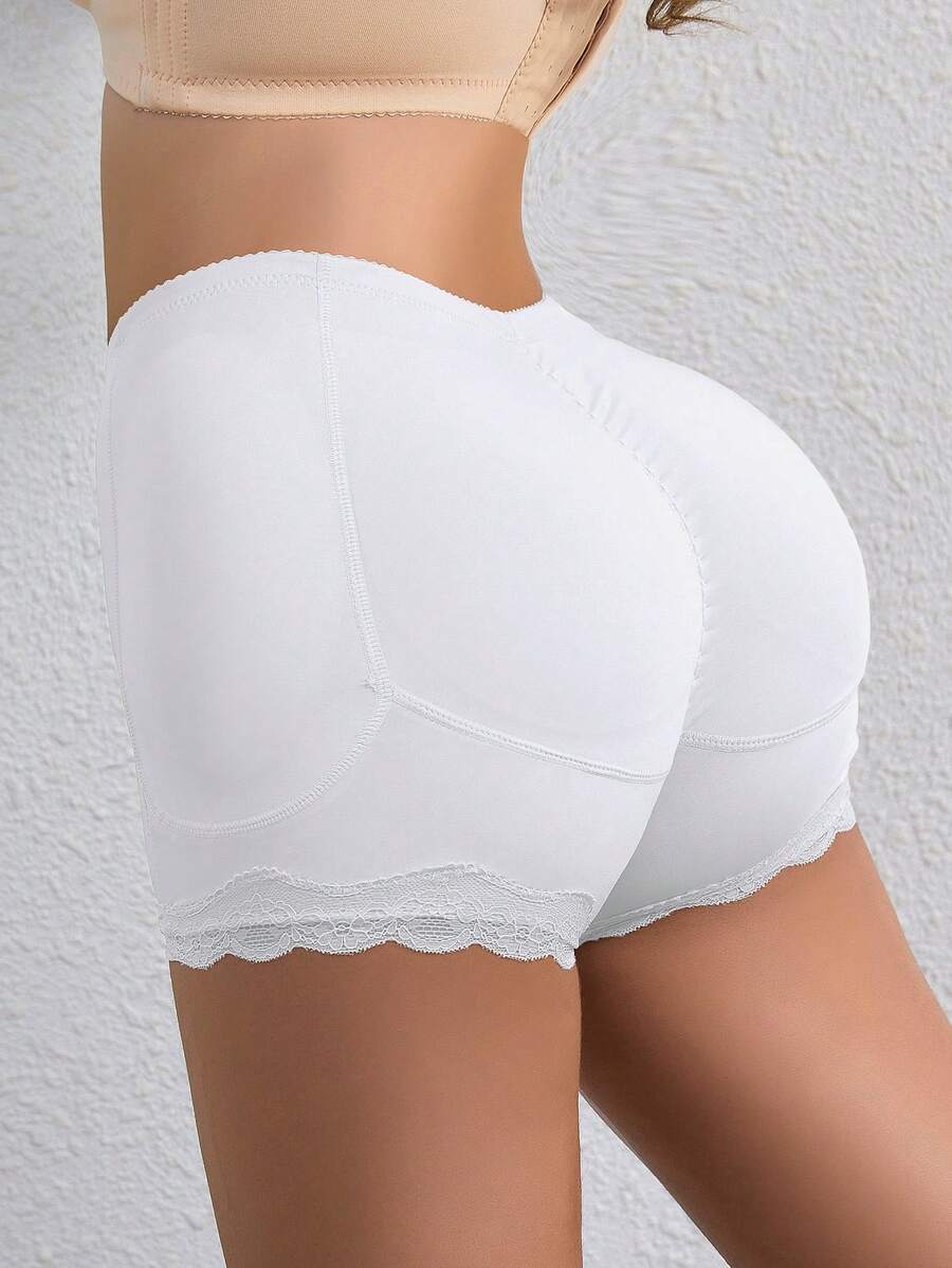 1pc Women's Shapewear Shorts, Butt Lifting, Lace Trim, Removable Padded Inserts, Slimming Underwear - White - View 1