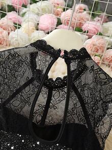 Rochie lungă de petrecere, fără mâneci, din dantelă, cu model patchwork, sexy, culoare solidă, cu crăpături înalte, elegantă, cu volane, cu sclipici, pentru femei, cadou de Ziua Îndrăgostiților - Negru - Vizualizare 8