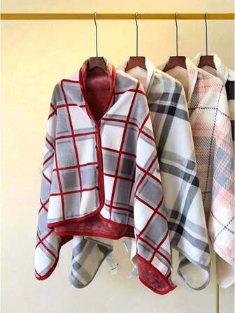 1pc Thick Dual-Layer Plaid Flannel Shawl Blanket, Versatile For Home, Office, Korean Style Wearable Blanket, Maternity Wrap, Nursing Cover, Warm Throw Blanket, Great Gift For Mothers, Autumn/Winter