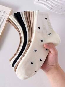 5 Pairs Of Women's Ankle Socks, Heart-Shaped Black And White Crew Socks, Easy And Comfortable, With Random Colors - Multicolor - View 7