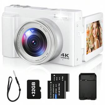 Nicamery 4K 摄影数码相机，48MP 自动对焦相机，配备 32GB 存储卡，180° 3 英寸翻转屏 Vlogging 摄像机，全高清视频紧凑型相机，配备 16 倍数码变焦、OIS、2 块电池