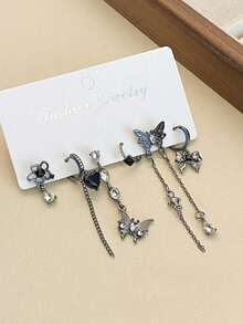 rundraw 6 件/套简约风格黑色金属方晶锆石蝴蝶、心形和蝴蝶结环形耳环和耳钉套装，适合女士、派对珠宝 - 彩色 - 查看 3
