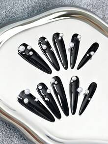 45 mm extra lange Stiletto-Nägel, handgefertigt, Aufklebe-Nägel mit einfarbiger Basis, Perlakzenten und kreativen 3D Y2K-Mustern - Komplettabdeckung künstliche DIY Glitzer-Kunstnägel für Partys, Konzerte, Dates und tägliche Mode - 10 Stücke/Tüte - Verschiedenfarbig - Übersicht 1