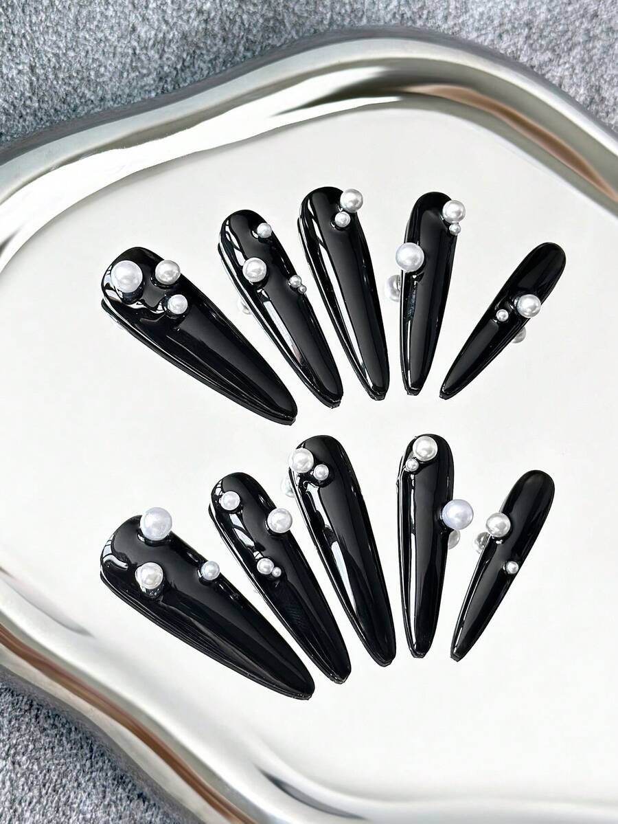 45 mm extra lange Stiletto-Nägel, handgefertigt, Aufklebe-Nägel mit einfarbiger Basis, Perlakzenten und kreativen 3D Y2K-Mustern - Komplettabdeckung künstliche DIY Glitzer-Kunstnägel für Partys, Konzerte, Dates und tägliche Mode - 10 Stücke/Tüte - Verschiedenfarbig - Übersicht 1