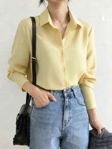 ISADORA MODA Women's Long-Sleeved Shirt, Polyester Fabric, One Button On The Cuffs, Available In White And Black, Sizes S, M, L - Light Yellow - View 2