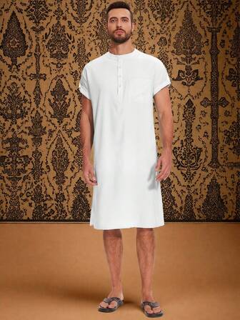 Men's Short Sleeve Button Half Placket Solid Color Mid-Length Arabic Robe