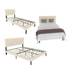 Upholstered Bed Frame With Headboard And Slatted Base, Metal Platform Bed Frame, Leather Slatted Base - Beige - View 1