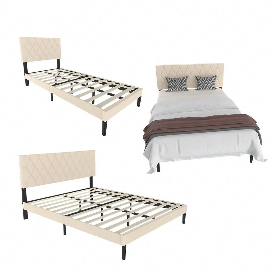 Upholstered Bed Frame With Headboard And Slatted Base, Metal Platform Bed Frame, Leather Slatted Base - Beige - View 1