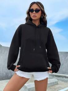 Women's Casual Pullover Sweatshirt - Lightweight Loose Hoodie With Kangaroo Pocket, Soft Long Sleeve Solid Color Hooded Top, Comfortable All-Season Wear For Spring,Women's Lightweight Casual Hoodie - Soft Long Sleeve Pullover With Drawstring Hood & Front Pockets, Relaxed Fit Solid Color Sweatshirt, Perfect Spring Everyday Essential - màu đen - Xem 3