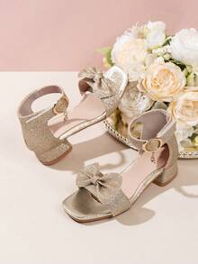 1 Pair Fashionable Children's Gold Sequin High Heel Sandals, Girls' Butterfly Decor Square Toe High Heels, Princess Style For Daily Wear, Suitable For Banquet, Performance, Fashion Dress, Birthday Party, Lightweight Party, Multi-Occasion