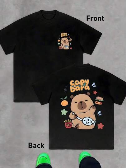 Figura de capibara amistosa sosteniendo un pez y rodeada de frutas estrellas y comida rápida simboliza alegría relajada y amor por la vida divertida camiseta de hombre Doble cara 100% algodón