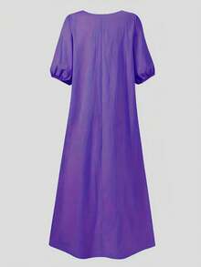 时尚女式中长灯笼袖系带连衣裙，半袖圆领，开衩细节，休闲梭织面料，舒适 - 紫色 - 查看 2