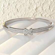 1 pieza Brazalete de trébol con cristales, enchapado en oro de 18K de lujo de cobre, accesorio delicado y de moda - Multicolor - Ver 3