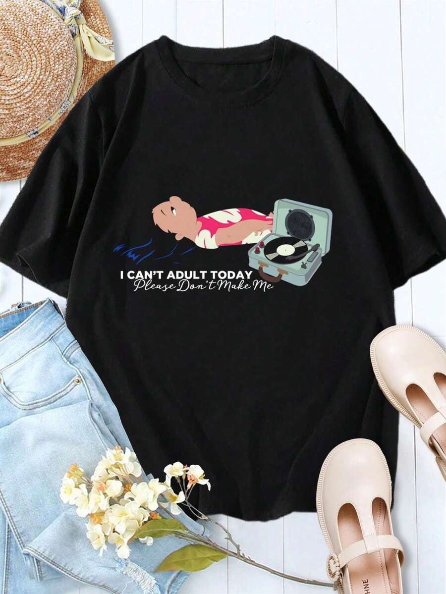 Womens Lilo Stitch Cant Adult Today Funny T-Shirt - Graphic Tee Casual Top - màu đen - Xem 1