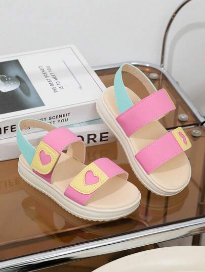 1 Pair Latest Summer Kids' Colorblock Heart Hook And Loop Sandals - Comfortable & Fashionable, Casual & Versatile. Ideal For Daily Outings, Shopping, Weekend Gatherings, Summer Vacation And Campus Life.