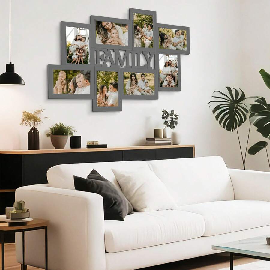 Jerry & Maggie Modern 8-Opening Family Photo Frame Set | Chic Black Wall Decor Collage Frames Fit 4x6 & 6x4 Photos, Perfect For Living Room/Bedroom Home Decor, Christmas Gift - 灰色 - 查看 1