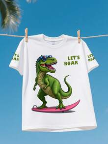 Camiseta de manga corta con estampado de dinosaurio de dibujos animados para niños pequeños, top de manga corta de verano - Blanco - Ver 2