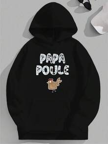 sweat-shirt à capuche oversize amusant pour hommes avec motif de poule française "Papa Poule" - sweat-shirt à capuche ample rouge avec design de poule et d'œuf, texte français, Sweat-shirt casual ample, convient comme cadeau pour la fête des pères et pour un usage quotidien, grande taille - Noir - Voir 1