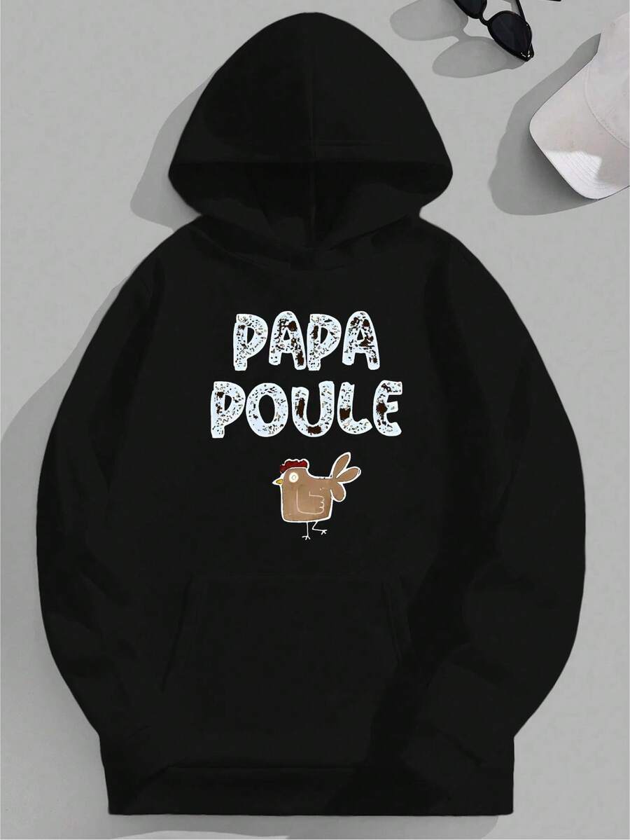 sweat-shirt à capuche oversize amusant pour hommes avec motif de poule française "Papa Poule" - sweat-shirt à capuche ample rouge avec design de poule et d'œuf, texte français, Sweat-shirt casual ample, convient comme cadeau pour la fête des pères et pour un usage quotidien, grande taille - Noir - Voir 1