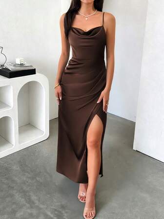 Look Polly Women's Sexy Solid Brown Dress, Suitable For Church, Formal Dinner, Wedding And Other Occasions, Also Can Be Worn As Wedding Guest Attire