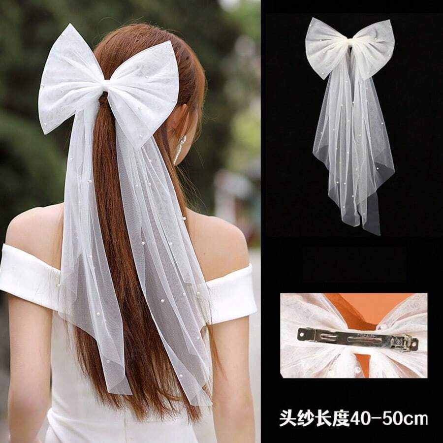 Veil Bridal Hair Bow Veil White Pearls Bridal Veil Bride To Be Veil Wedding Bridal Veil Bridesmaids Like Brides Become Bachelorette Party Decorations White Butterfly Hair Clips Women Girls - White - View 1