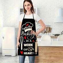 1pc "Baking Is A Work Of The Heart" Polyester Apron, For Home Outdoor BBQ Party Cleaning, With Chef Hat And Mixer Design, Black With Red Hearts, Perfect For Cooking And Baking Enthusiasts - Dụng cụ nướng lò nướng - Xem 3