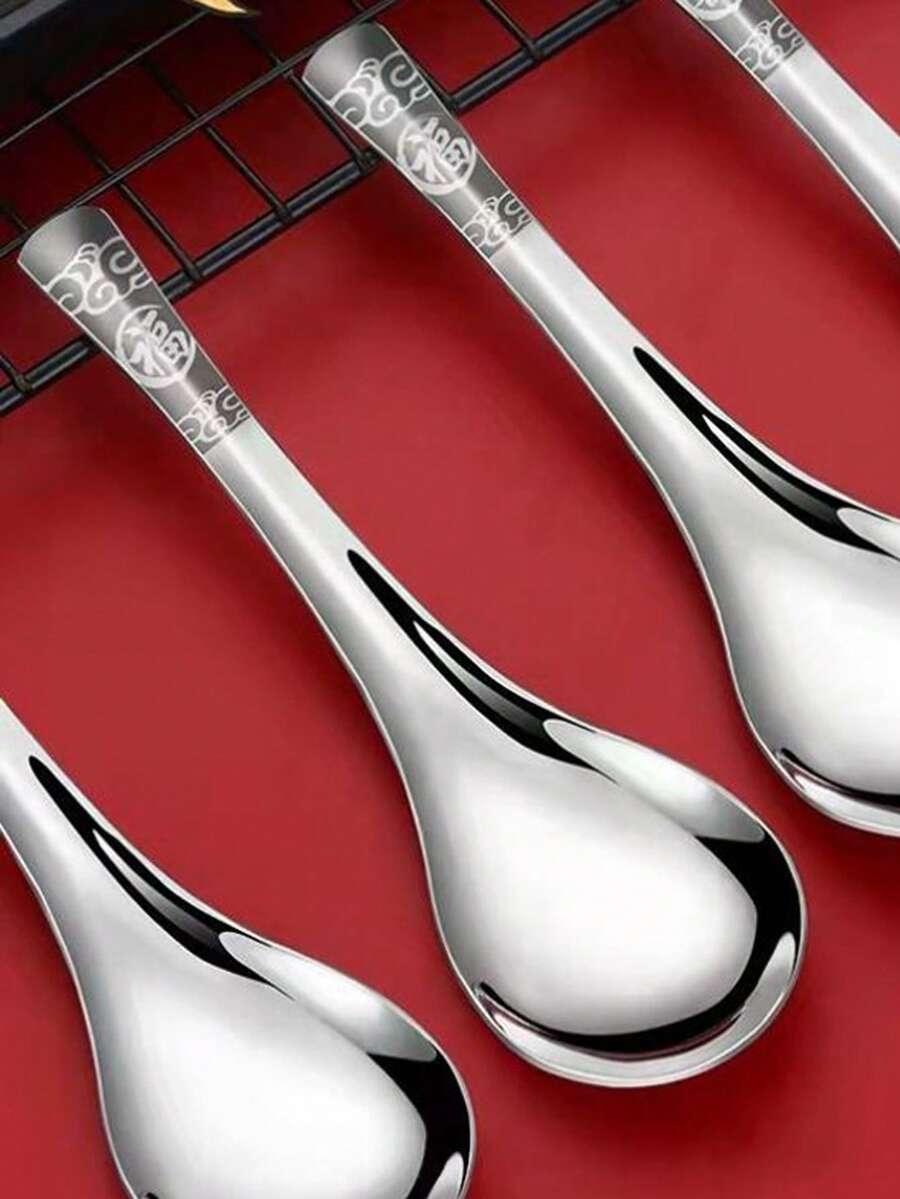 1/2/4/8pcs Stainless Steel Chinese Style Soup Spoons, Thick Handle With Auspicious Cloud & Fortune Carving, Dessert Spoons, Teaspoons Set