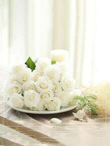 20pcs Red Roses + 1 Roll 500cm Transparent Rope, Suitable For DIY Wedding Decoration, Hanging Red Roses, Bridal Shower, Wedding Bouquet, Party Centerpiece, Ceiling Decor, Valentine's Day And Other Occasions - White - View 9