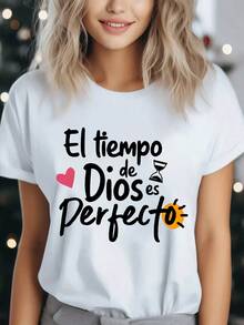 Round Neck T-Shirt - Dios Letter Printed Pattern, 4 Colors, Polyester Fiber And Spandex Blended Fabric For Four Seasons - Ladies' Casual - trắng - Xem 1