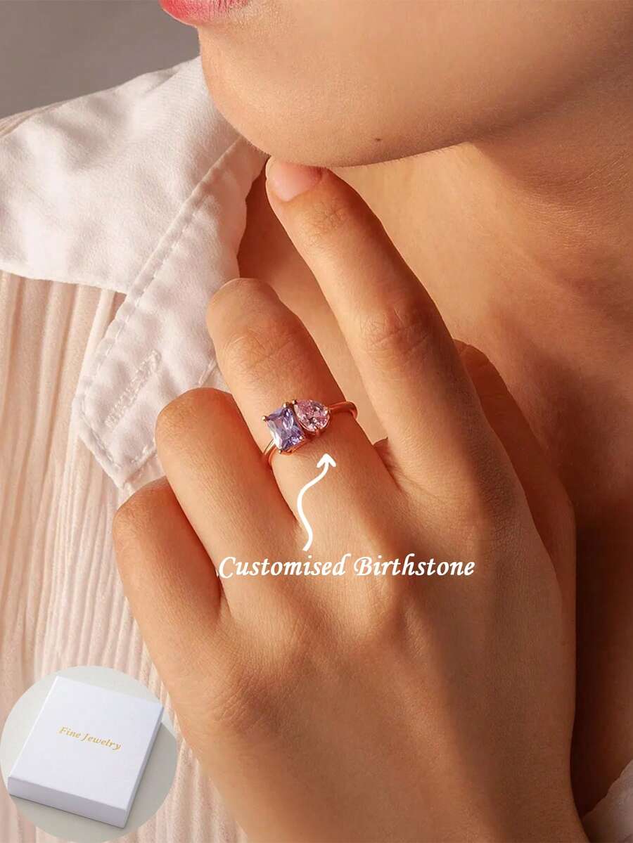 Nhẫn đá sinh nhật bất đối xứng thiết kế riêng, nhẫn đá sinh nhật hình quả lê, và nhẫn hở hai viên đá sinh nhật - Món quà hoàn hảo cho cặp đôi, món quà Giáng sinh lý tưởng dành cho nàng. - Nhiều màu - Xem 1