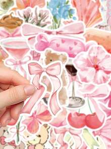 50pcs Pink Series Stickers, Cute Pink Cartoon Bear Theme, Applicable For Laptop, Bumper, Skateboard, Water Bottle, Computer, Phone Case And Back To School Decoration. Scratch-Resistant Decorative Stickers Suitable For Multiple Scenarios. - Multicolor - View 2