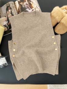 1 Áo vest không tay cổ tròn màu trơn đơn giản dành cho nữ có nút kim loại bên hông - Màu Khaki - Xem 7
