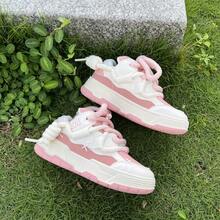 Preppy Style Cute Women Pink Curb Sneakers Thick Sole Lace-Up Lightweight Casual Shoes For School Girls - 粉色 - 查看 9