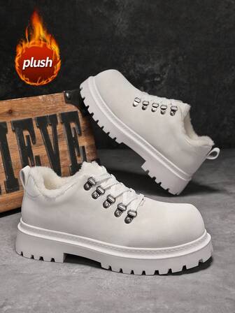 Herr Derbystövlar, Tjock Sula, Lyxig Svart & Vit Färg, Moderiktiga Läderskor, Grov Klack, Lämplig För Fest, Utomhus, Resor, Campus, Varmt Plyschfoder, Vinterns Essential