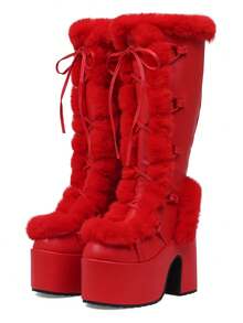 Knee High Boots For Womens Side Zipper Warm Faux Fur Platform Chunky Heel Punk Goth Walking Winter Snow Boots - Đỏ - Xem 3