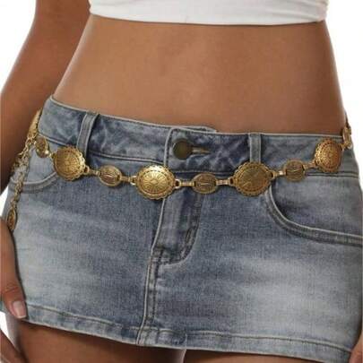 1pc Women's Waist Chain, Metal Geometric Shaped, Vintage Bohemian Dress Decoration Belt